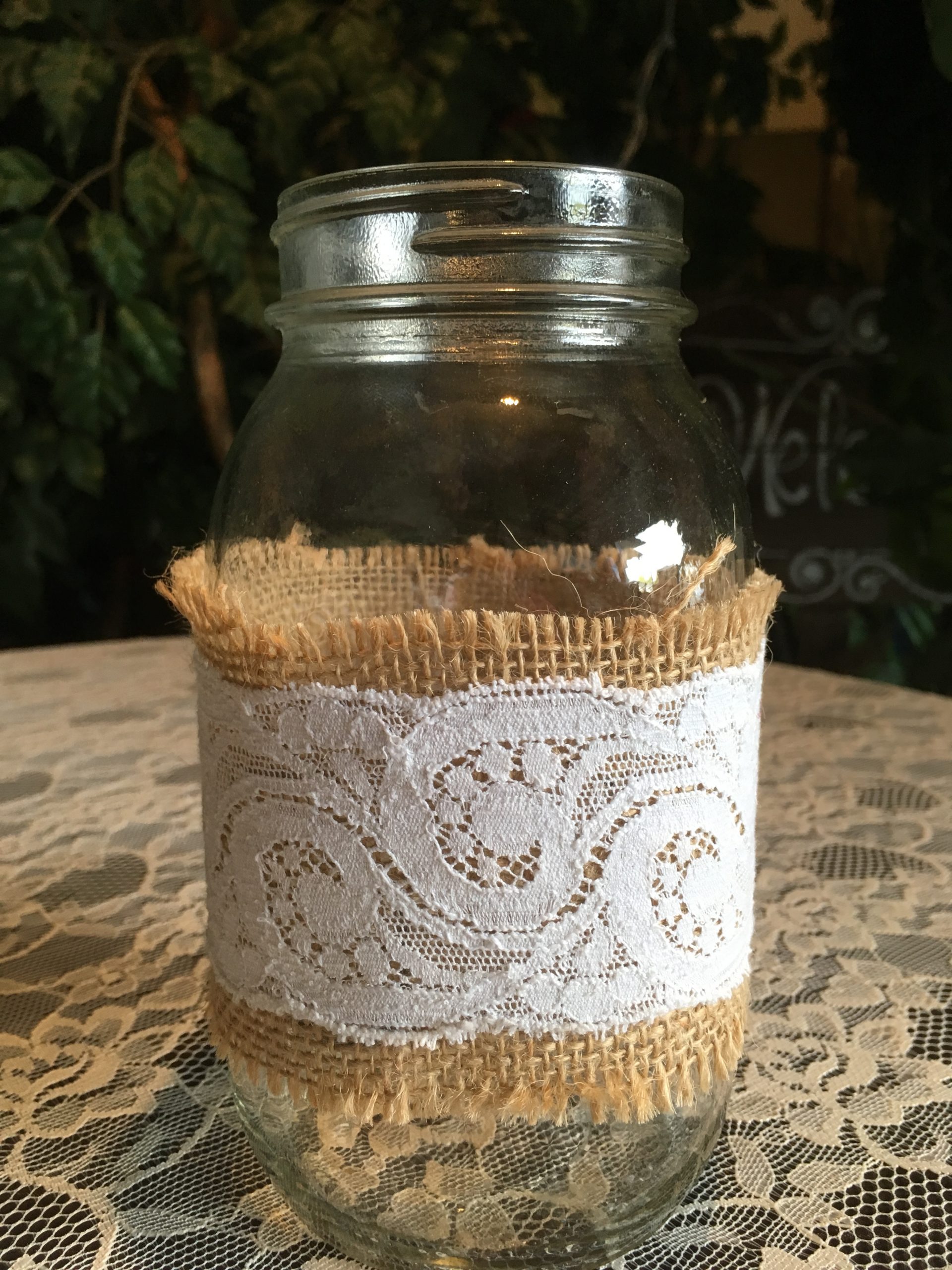 Quart Mason Jars with Burlap Sleeves - Rigby Wedding Rentals